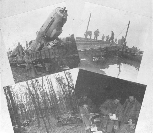 Top left : Captured ME-109's. Top right : Engineers putting bridge together across the Moselle. Bottom left : A captured German ordnance dump. Some vehicles had not been used.